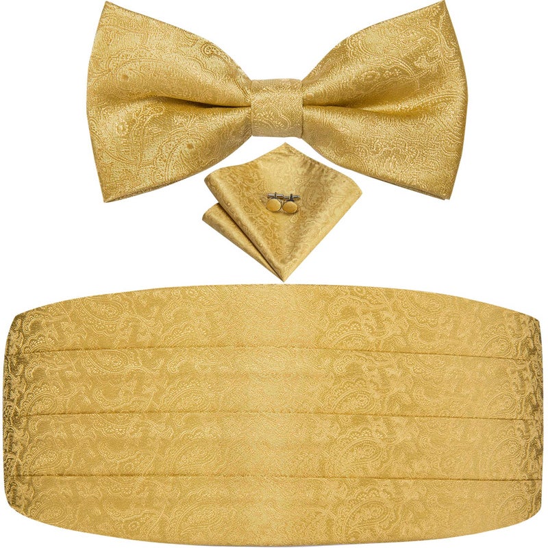 Dubulle Mens Paisley Floral Cummerbund and Bowtie Silk Pretied Bow Ties for Men Handkercheif Cufflinsk Set,A gold - Image 1